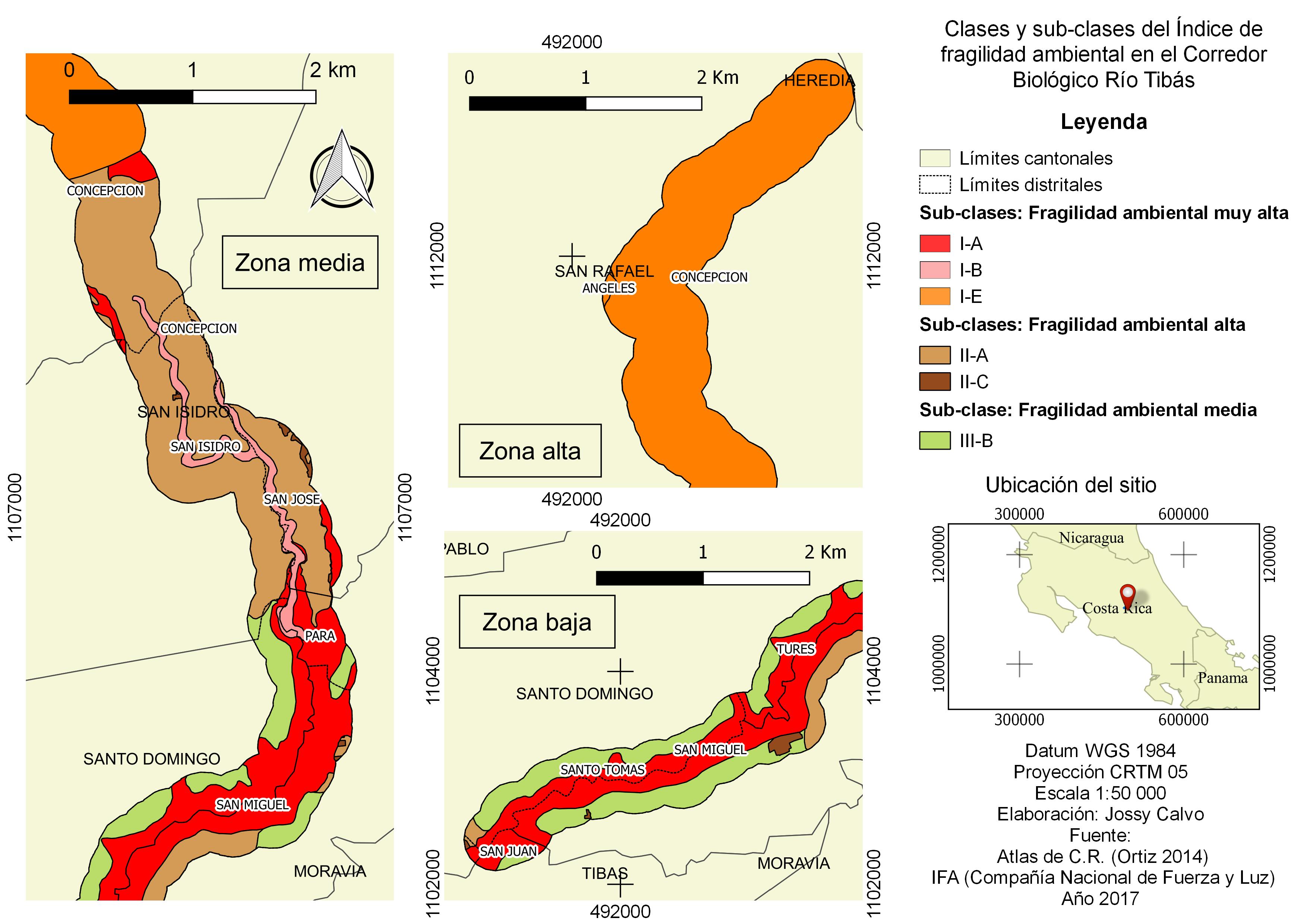 Clases y subclases del índice de fragilidad ambiental en el Corredor Biológico Río Tibás, Heredia, Costa Rica.