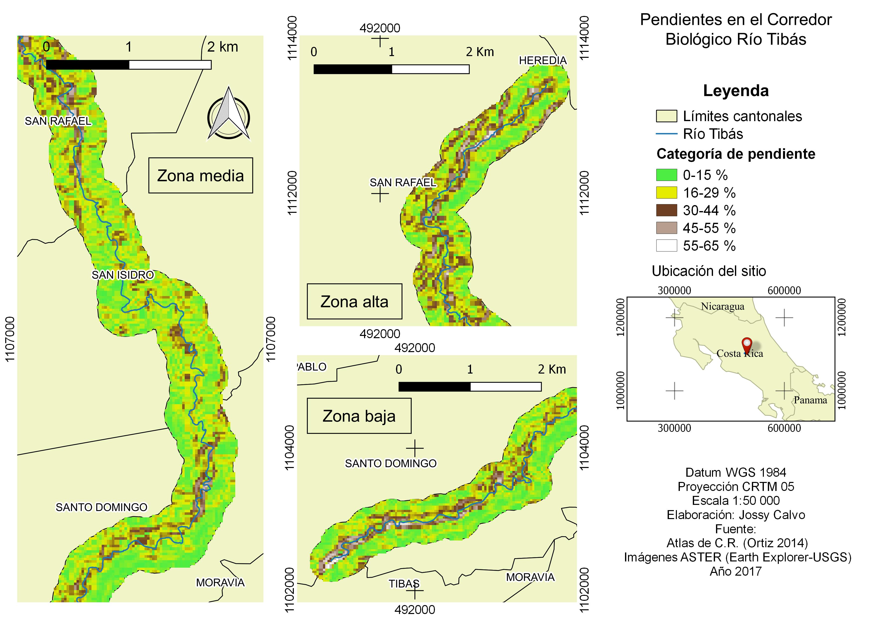 Mapa de pendientes en el área destinada al Corredor Biológico Río Tibás a partir de un modelo de elevación digital y procesamiento de imágenes Raster del sensor ASTER.