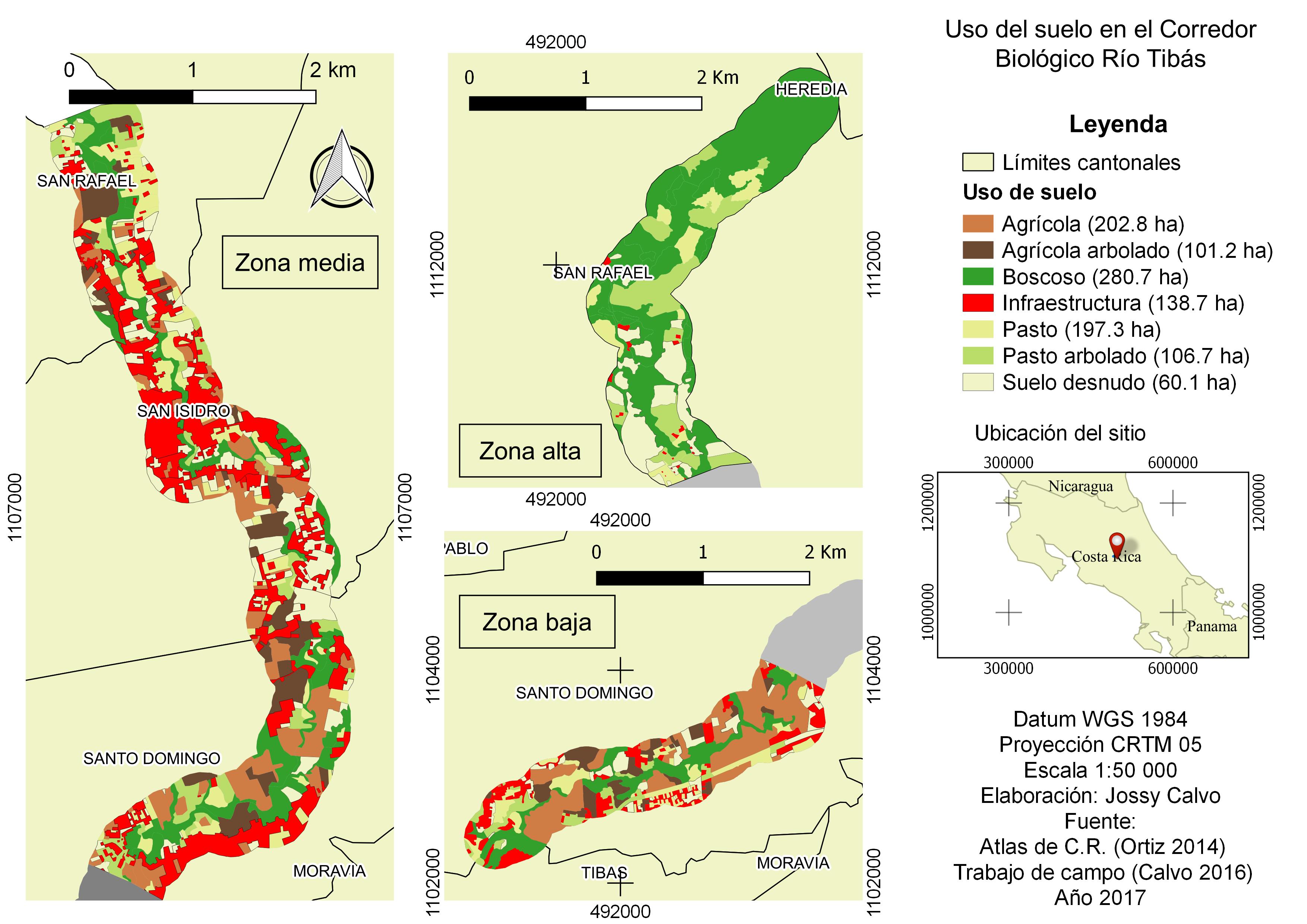 Uso del suelo en el área del Corredor Biológico Río Tibás, Heredia, Costa Rica, 2016.