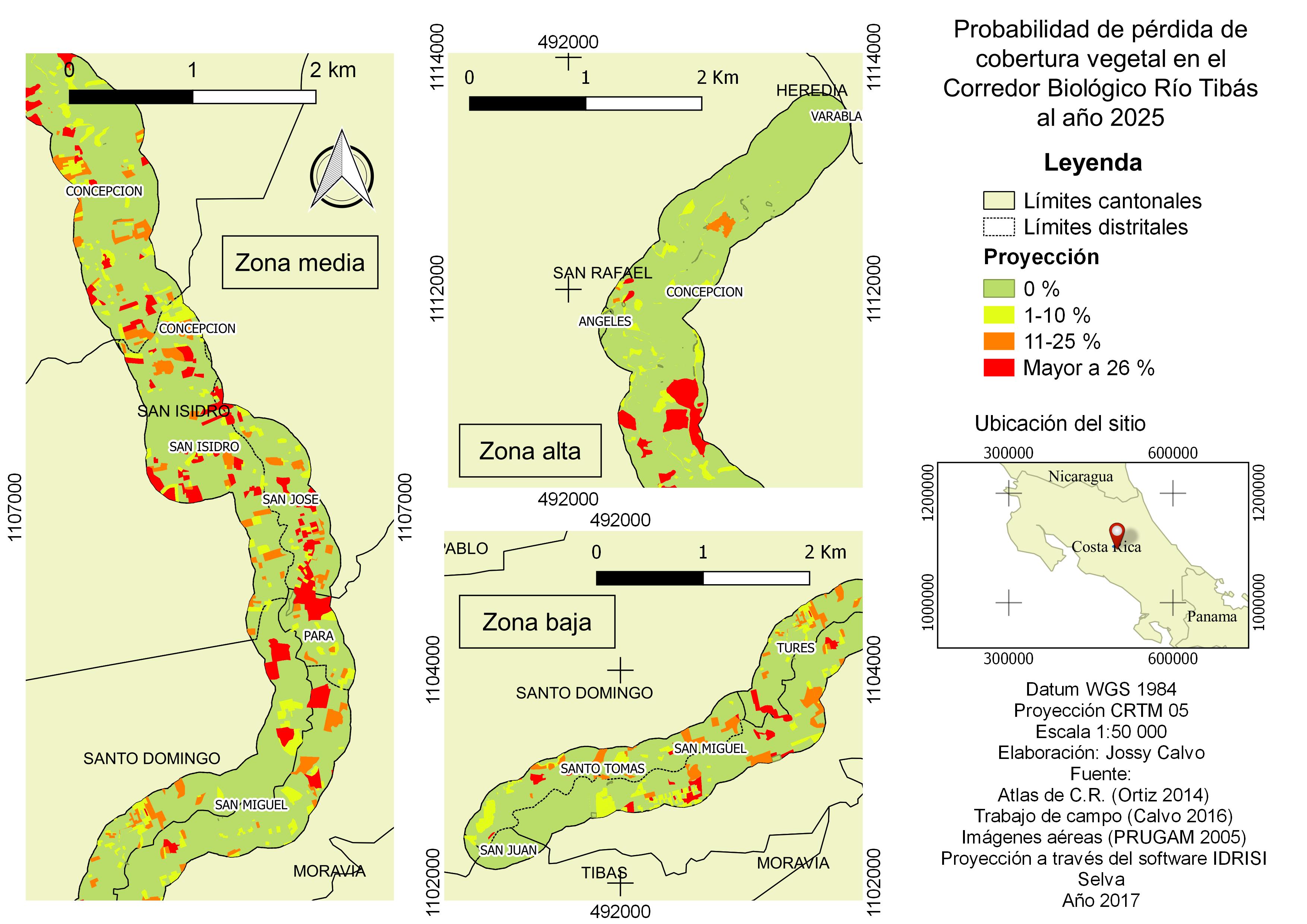 Probabilidad de cambio de uso del suelo que implique la pérdida de cobertura vegetal, en el Corredor Biológico Río Tibás al año 2025, a partir de la tendencia de cambio en el periodo 2005-2016 y modelaje de cadenas de Markov.