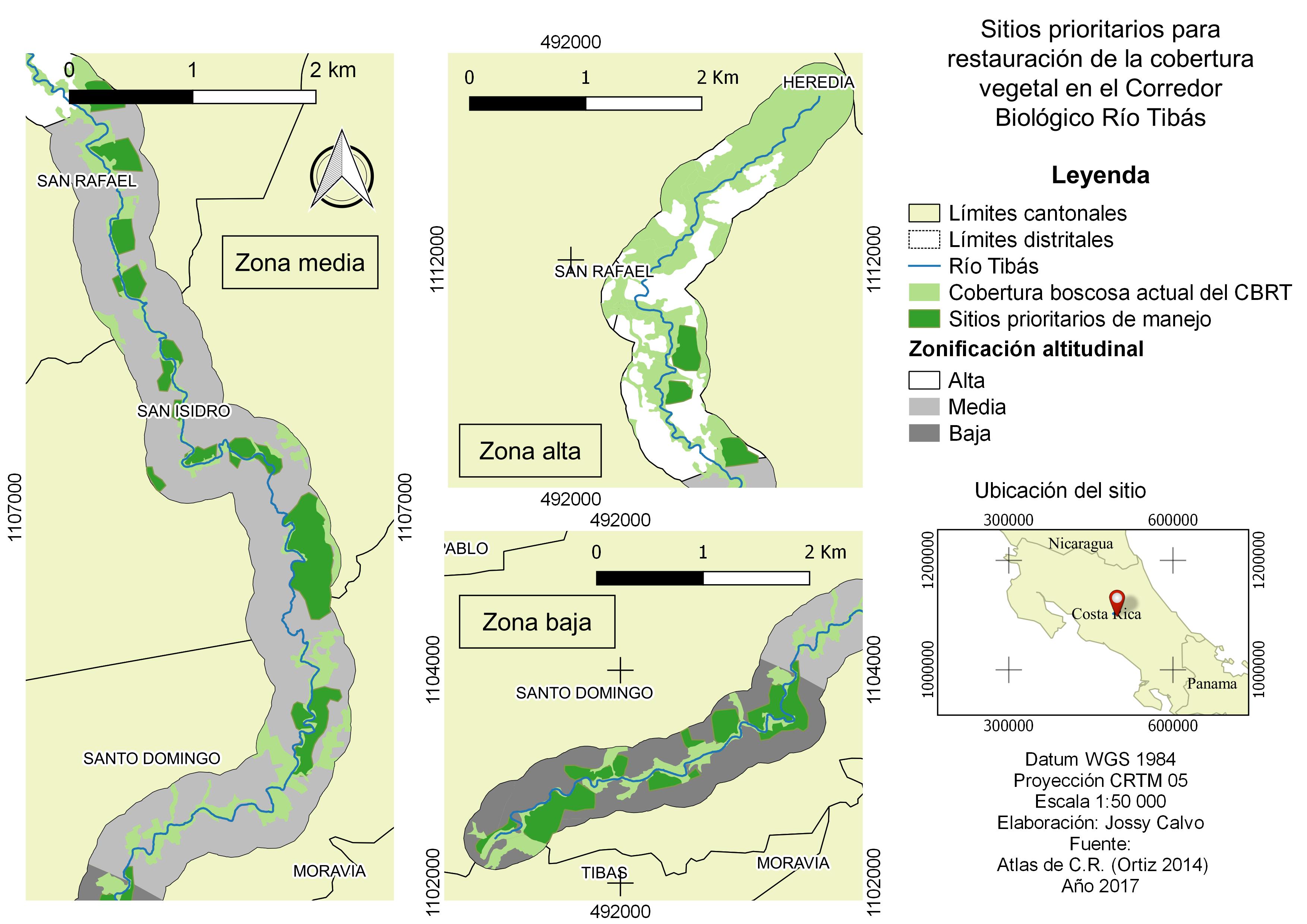 Sitios prioritarios para restauración de cobertura vegetal y zonas boscosas remanentes en el área destinada al Corredor Biológico Río Tibás