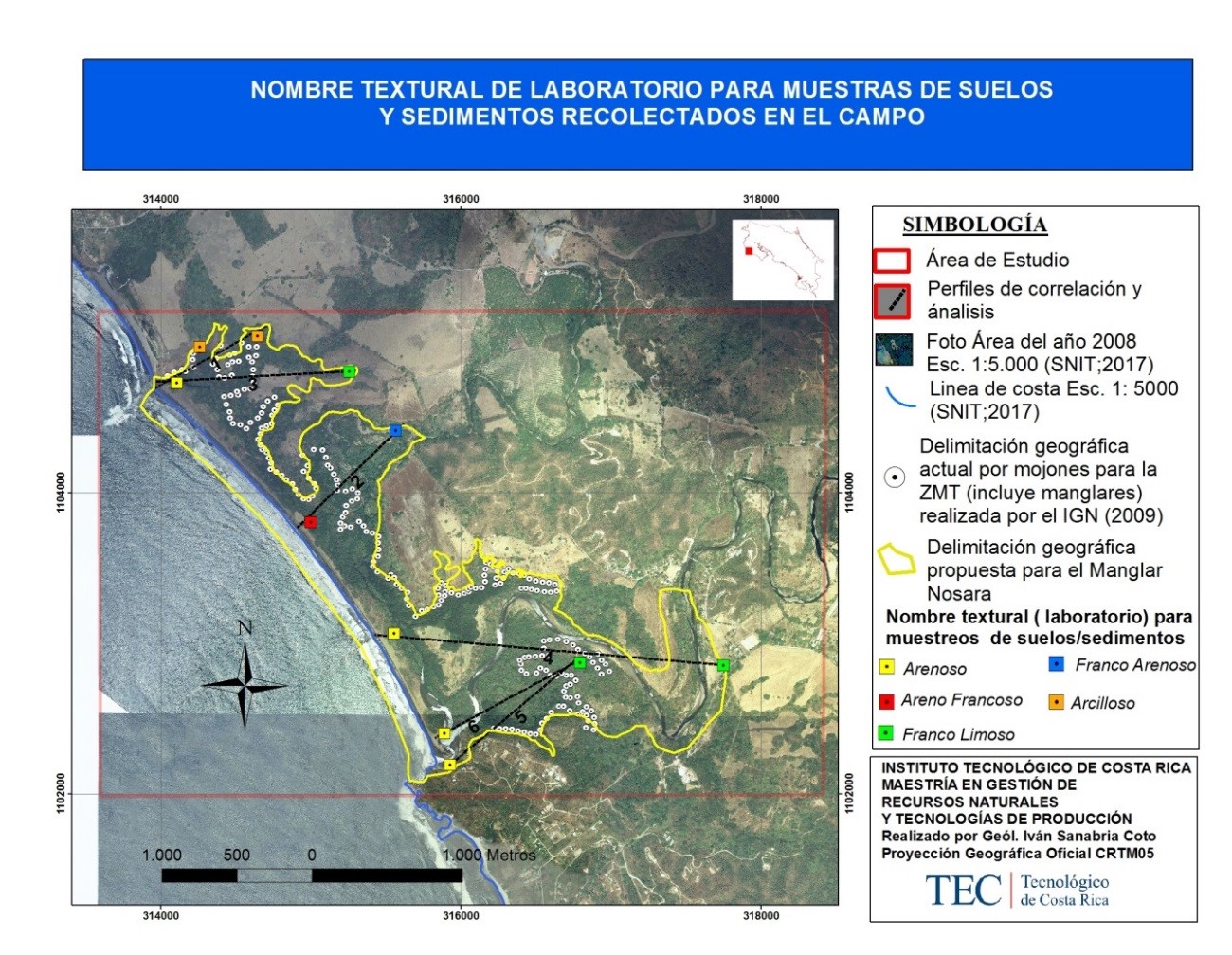 Mapa de nombres texturales (de laboratorio) para muestras de suelos/sedimentos.