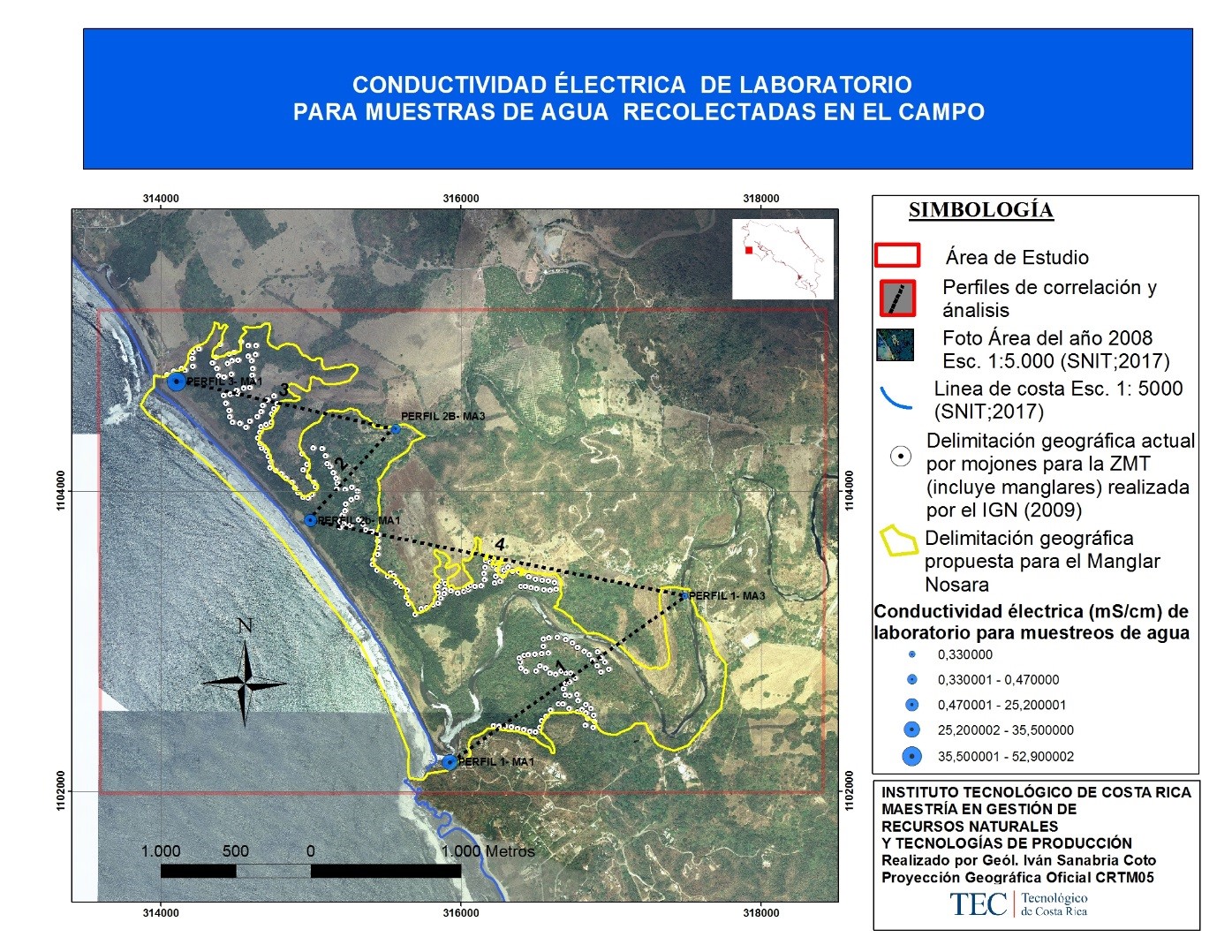 Mapa de conductividades eléctricas para muestras de agua recolectadas.