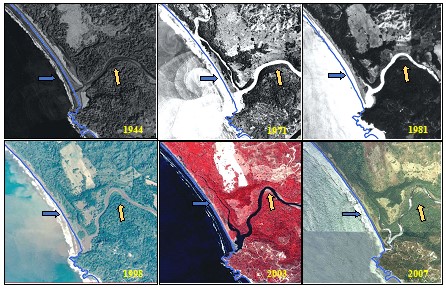 Fotos e imágenes aéreas históricas que muestran las variaciones geomorfológicas en el área de estudio (SNIT, 2017).