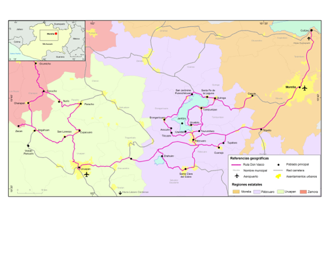 Localizaci&oacute;n de la ruta Don Vasco, Michoac&aacute;n, M&eacute;xico.