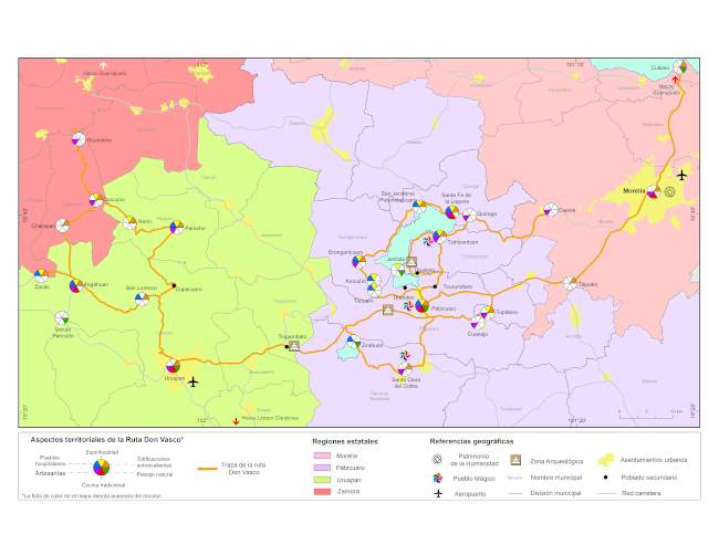 Nodos, infraestructura y recursos tur&iacute;sticos (culturales y naturales) que conforman el espacio tur&iacute;stico de la ruta Don Vasco, Michoac&aacute;n, M&eacute;xico.