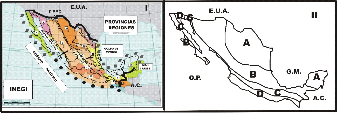 Esquemas de las provincias-regiones fisiogr&aacute;ficas y s&iacute;smicas de M&eacute;xico