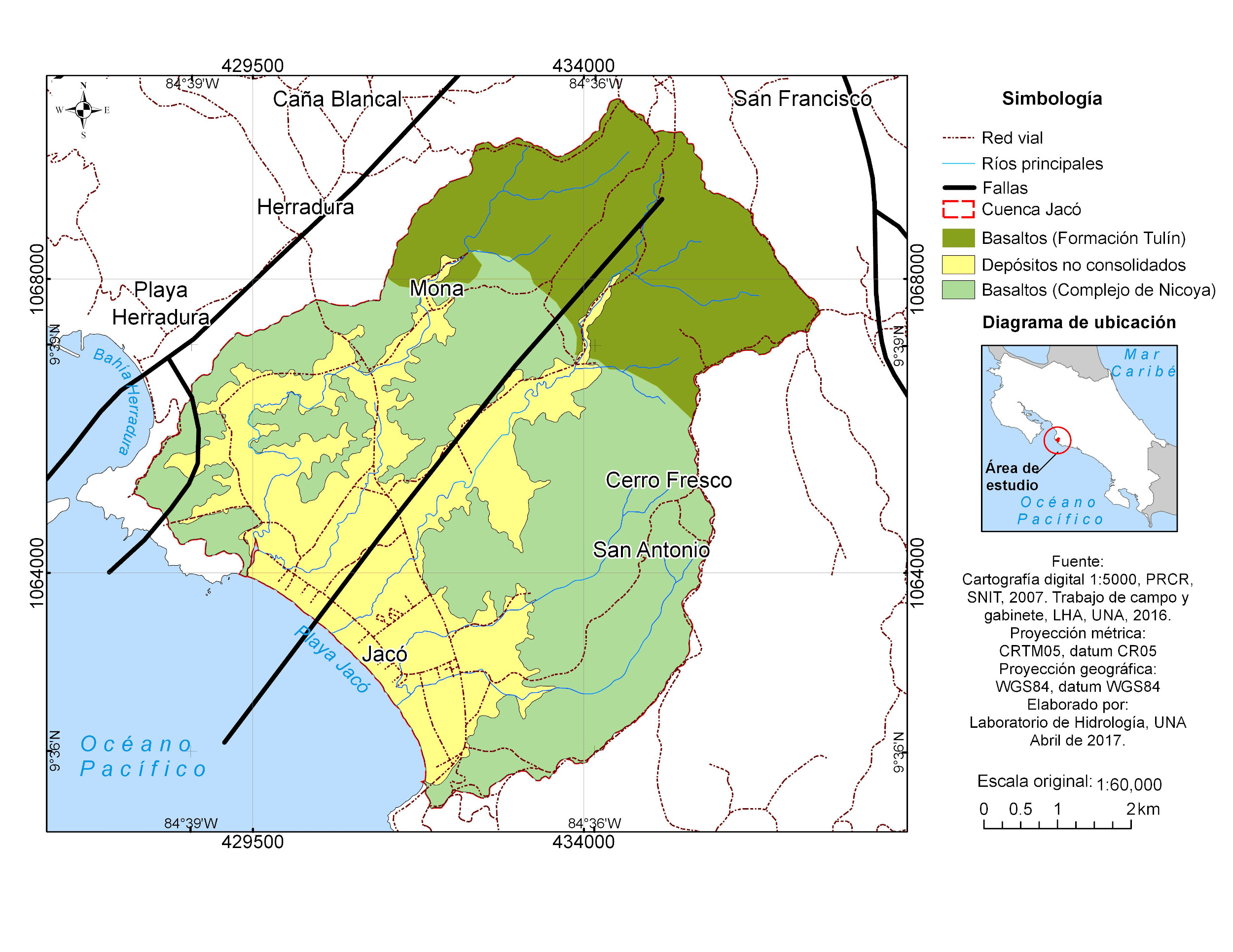 Mapa geológico de la zona de estudio, Jacó, Puntarenas, Costa Rica. Modificado de Arias (2003). Redefinición de la Formación Tulín (Maastrichtiano-Eoceno Inferior) del Pacífico Central de Costa Rica.