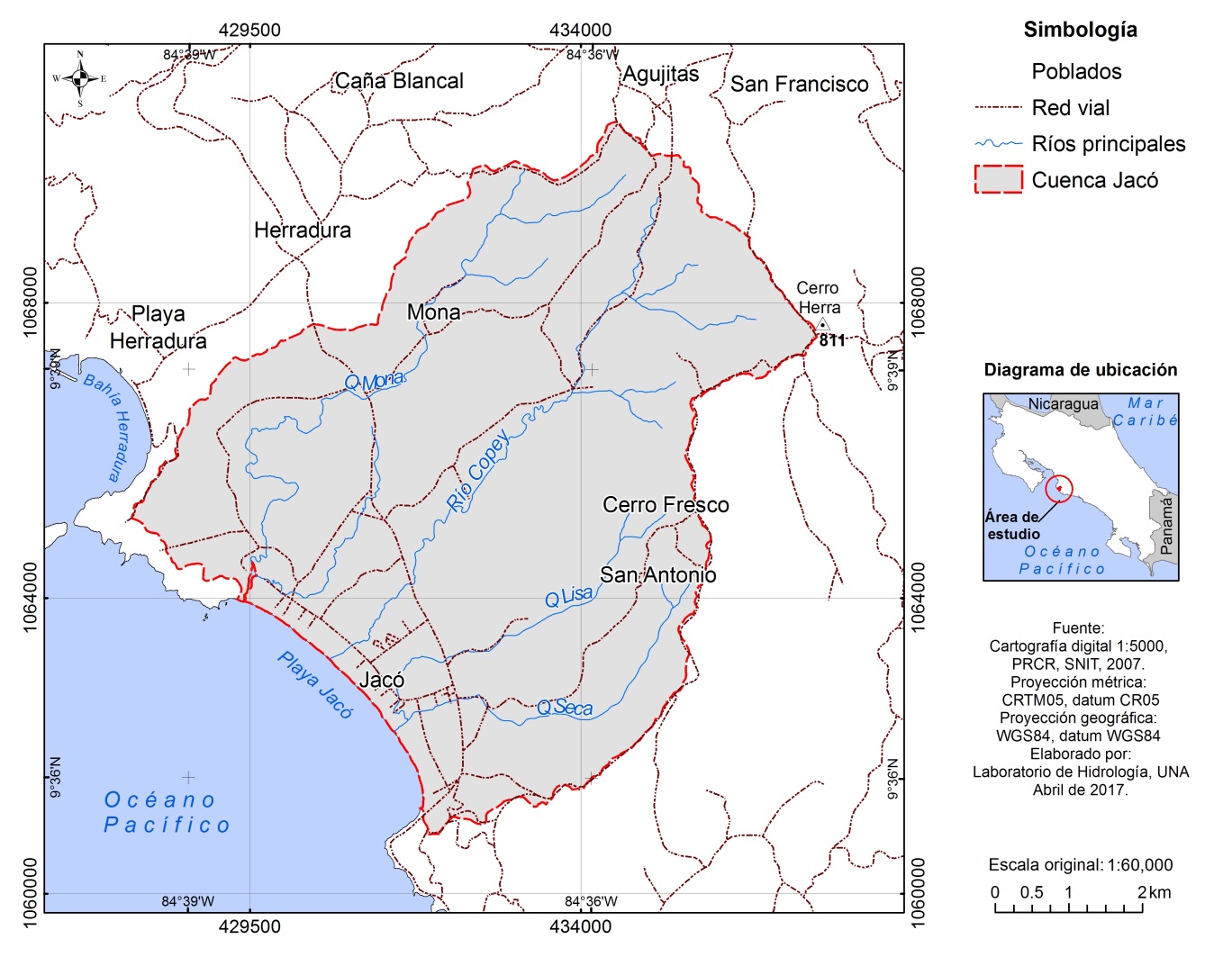 Mapa de ubicación de la zona de estudio, Jacó, Puntarenas, Costa Rica.