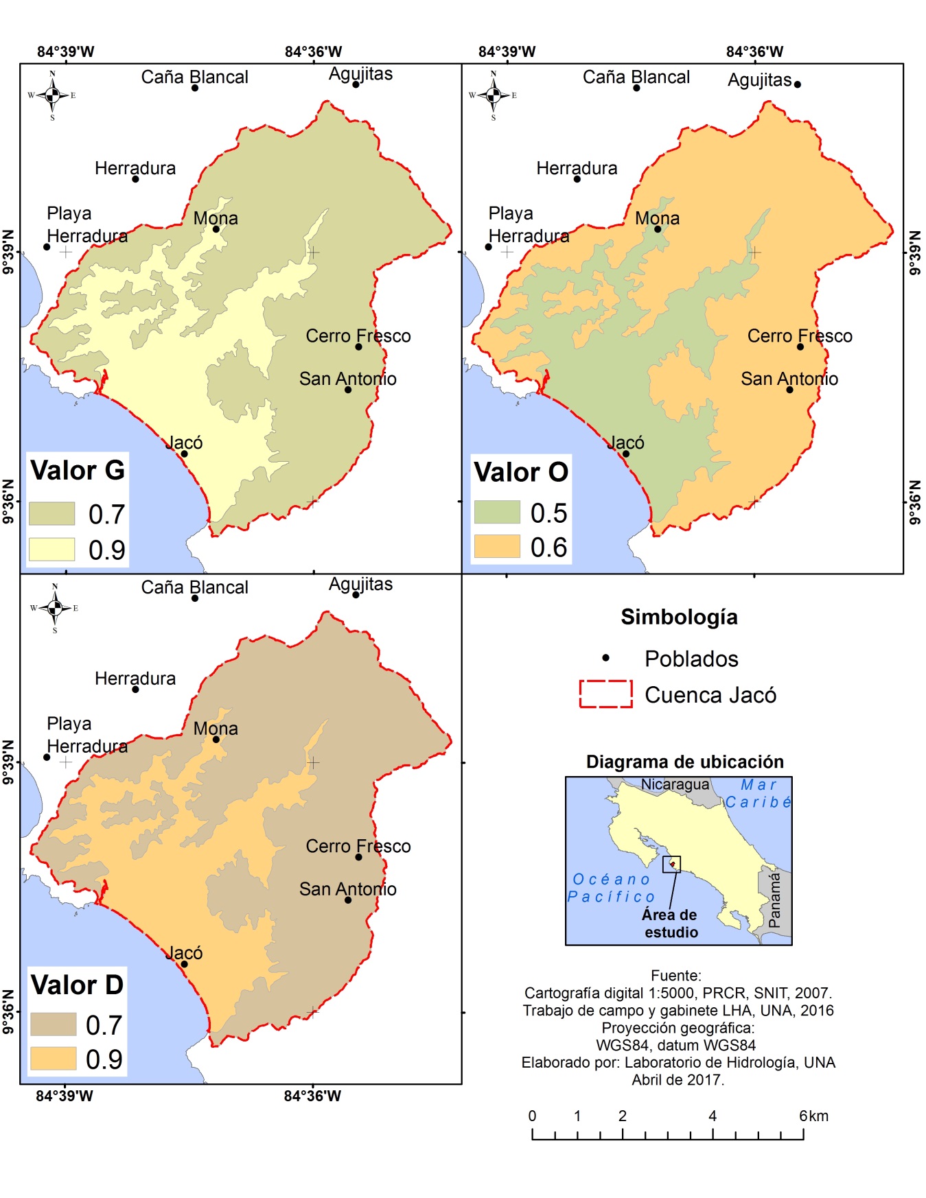 Grado de confinamiento (G), Ocurrencia del sustrato (O) y Distancia del agua (D) de los acuíferos en la zona de estudio, Jacó, Puntarenas, Costa Rica.
