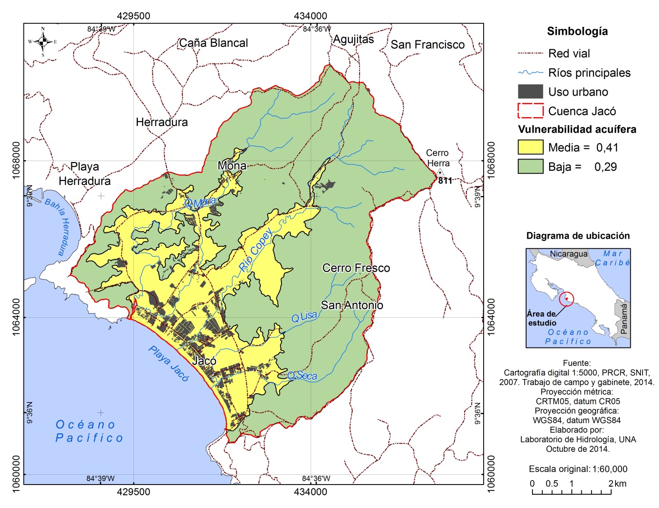 Propuesta de Vulnerabilidad Hidrogeológica de los acuíferos en la zona de estudio, Jacó, Puntarenas, Costa Rica.