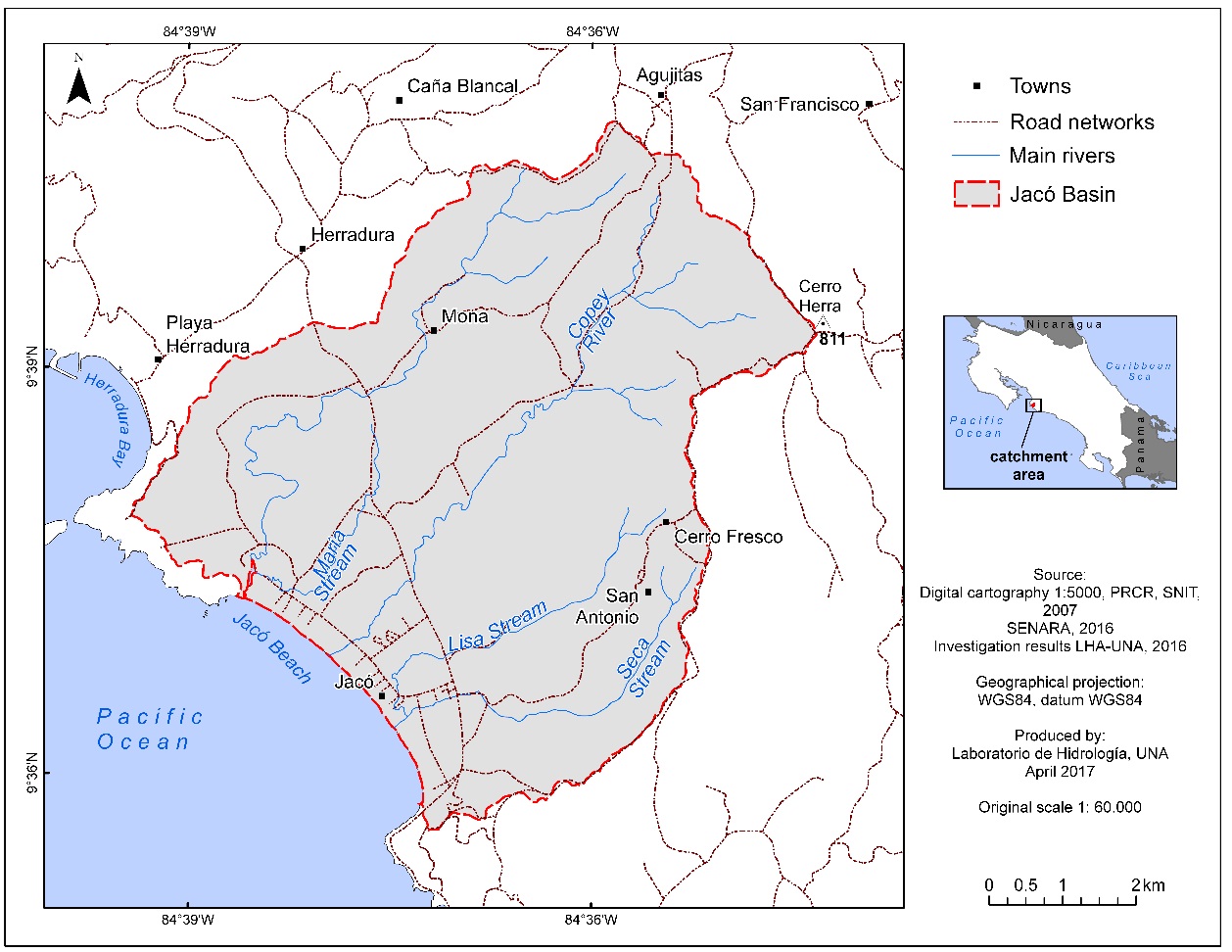 Study area location map, Jac&oacute;, Puntarenas, Costa Rica.