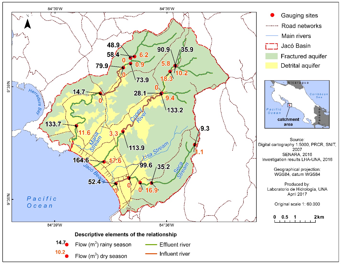 Mapping of differential gauging sites in the study area, Jac&oacute; Puntarenas, Costa Rica