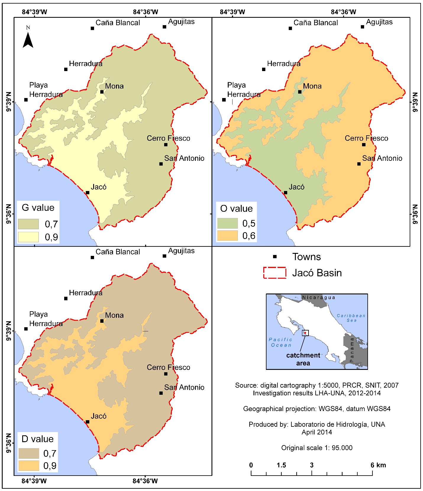 Degree of hydraulic confinement (G), Occurrence of overlying substrate (O) and Distance to groundwater level (D) of aquifers in the study area, Jac&oacute;, Puntarenas, Costa Rica.