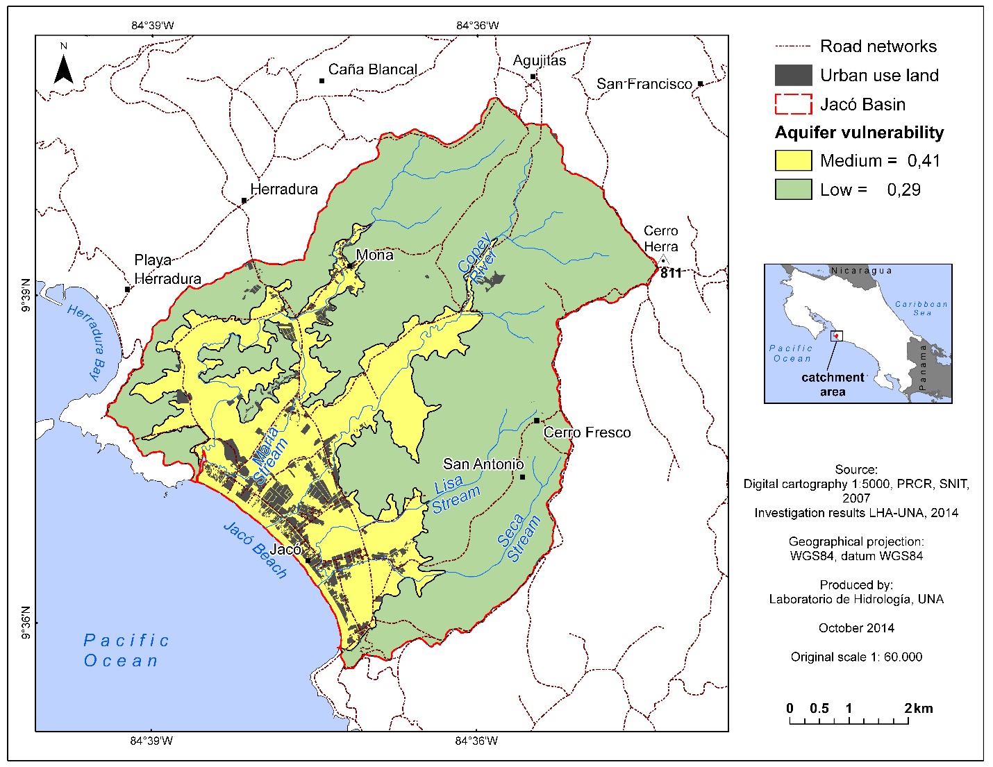 Proposed hydrogeological vulnerability of aquifers in the study area, Jac&oacute;, Puntarenas, Costa Rica.