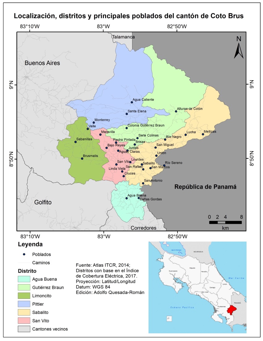 Distritos y algunos poblados del cant&oacute;n de Coto Brus