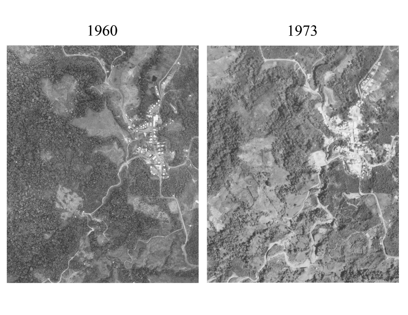Desarrollo urbano y modificaci&oacute;n del bosque a &aacute;reas de pastos y caf&eacute; alrededor del centro de San Vito en 1960 y 1973