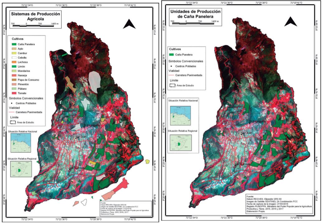 Base cartogr&aacute;fica agroproductiva de la parroquia San Juan de Lagunillas, Todos los cultivos (izquierda). Parcelas de Ca&ntilde;a panelera (derecha). Combinaci&oacute;n de falso color (FCC) de la imagen de Sentinel 2A de fecha 27/03/2016.