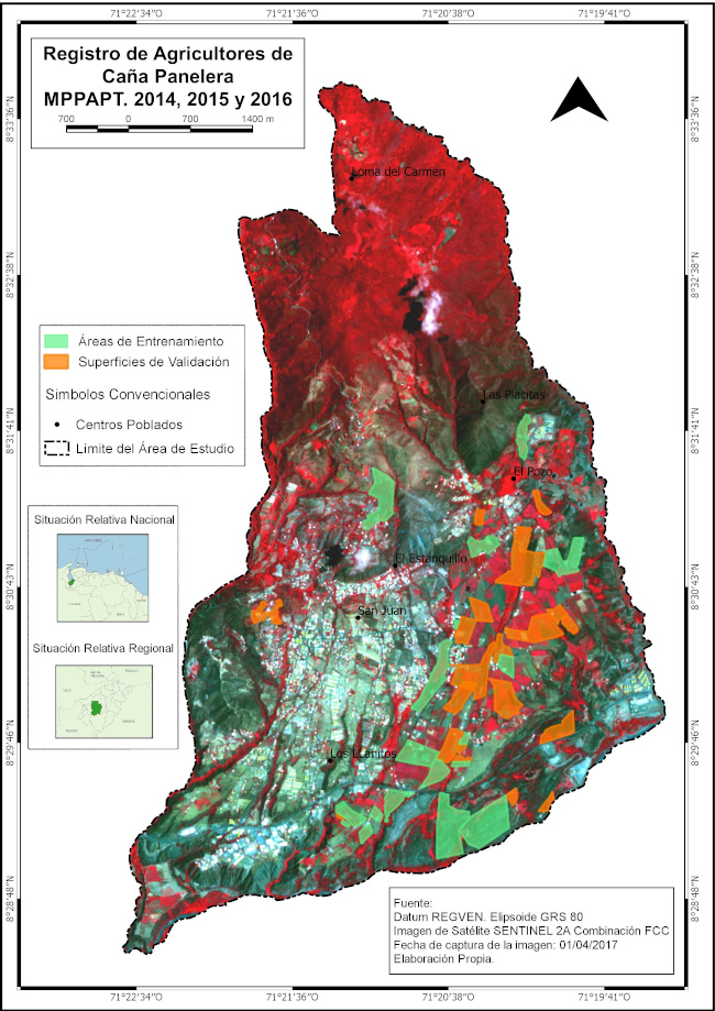 Base cartogr&aacute;fica agroproductiva para &aacute;reas de entrenamiento y &aacute;reas de validaci&oacute;n. Imagen Sentinel 2A de fecha 01/04/2017 al fondo. Combinaci&oacute;n de falso color (FCC).