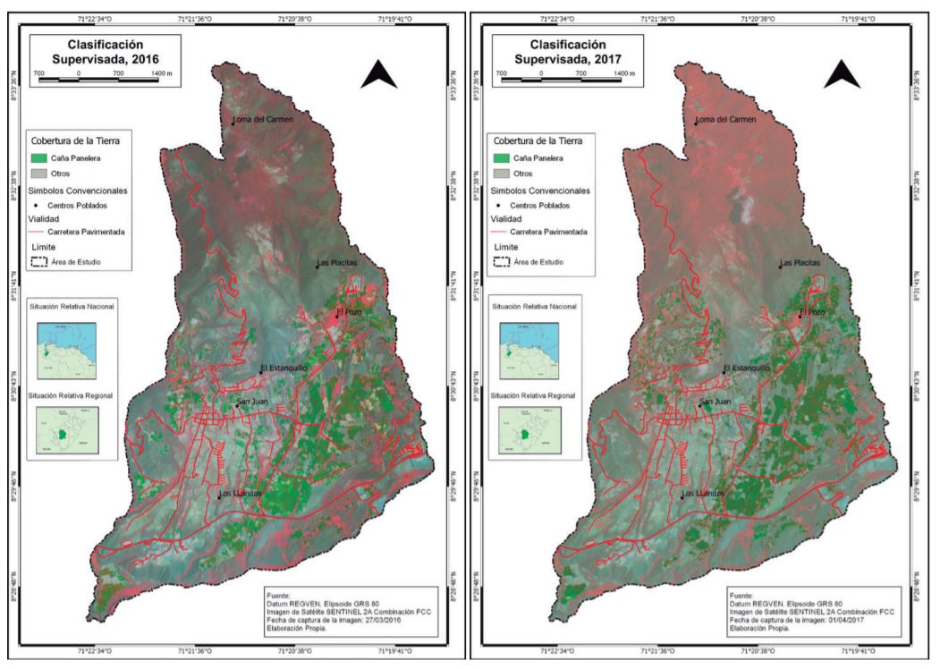 Clasificaci&oacute;n supervisada a trav&eacute;s del algoritmo de m&aacute;xima probabilidad gaussiana. A&ntilde;o 2016 (izquierda) y a&ntilde;o 2017 (derecha). Im&aacute;genes sobre el FCC de las im&aacute;genes procesadas correspondiente a cada a&ntilde;o.