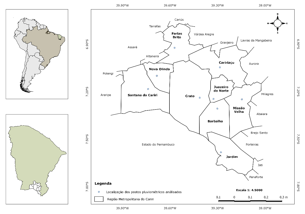 Localiza&ccedil;&atilde;o dos postos pluviom&eacute;tricos da Regi&atilde;o Metropolitana do Cariri