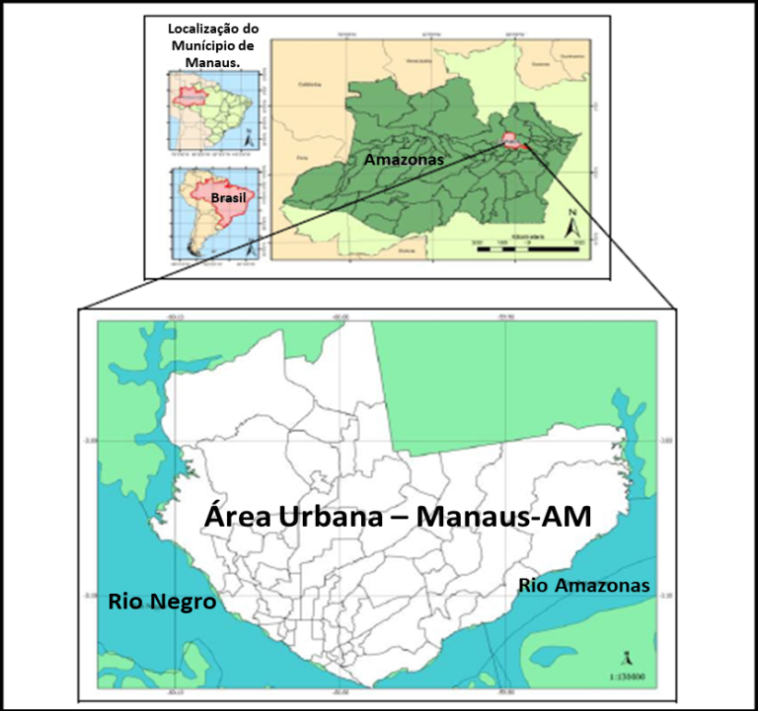 Mapa da localiza&ccedil;&atilde;o da cidade de Manaus-AM no estado do Amazonas