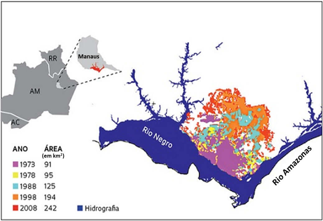 Mapa do crescimento urbano de Manaus-AM de 1973 at&eacute; 2008.