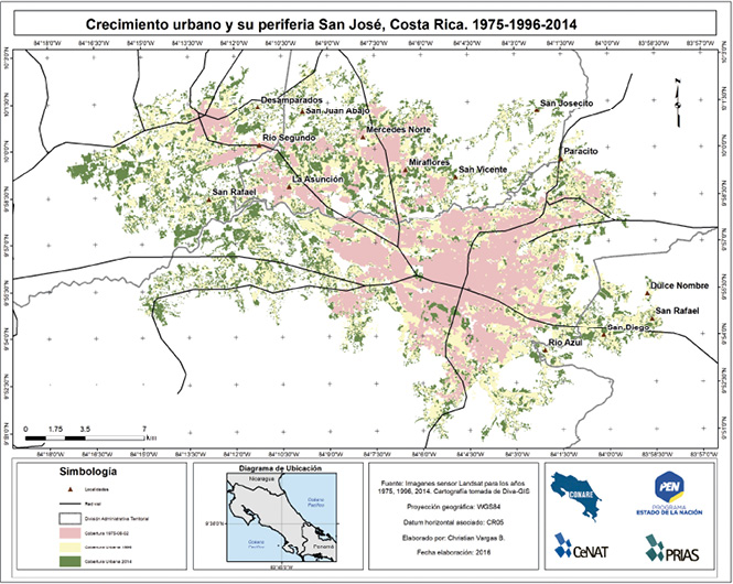 Comparación del crecimiento de la mancha urbana de San José Costa Rica del periodo 1975 1996 2014
