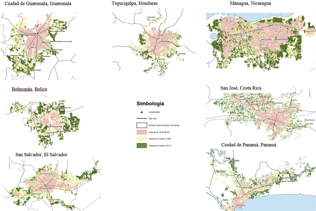 Comparación del crecimiento de la mancha urbana para las ciudades capitales de Centroamérica del periodo 1975 1995 2014