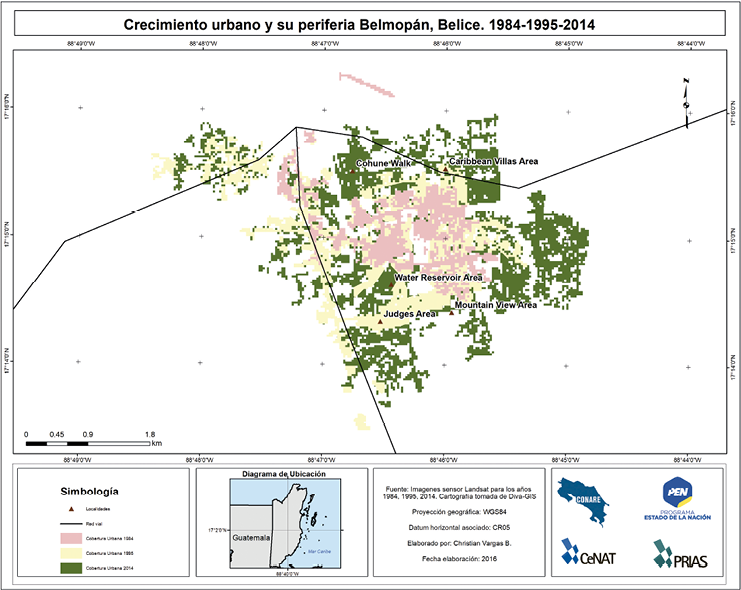 Comparación del crecimiento de la mancha urbana de Belmopán Belice del periodo 1984 1995 2014