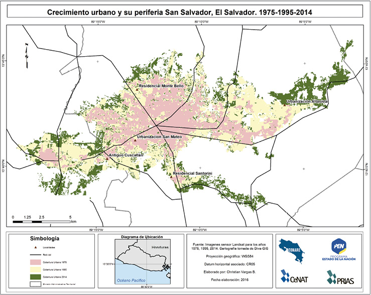 Comparación del crecimiento de la mancha urbana San Salvador El Salvador del periodo 1975 1995 2014