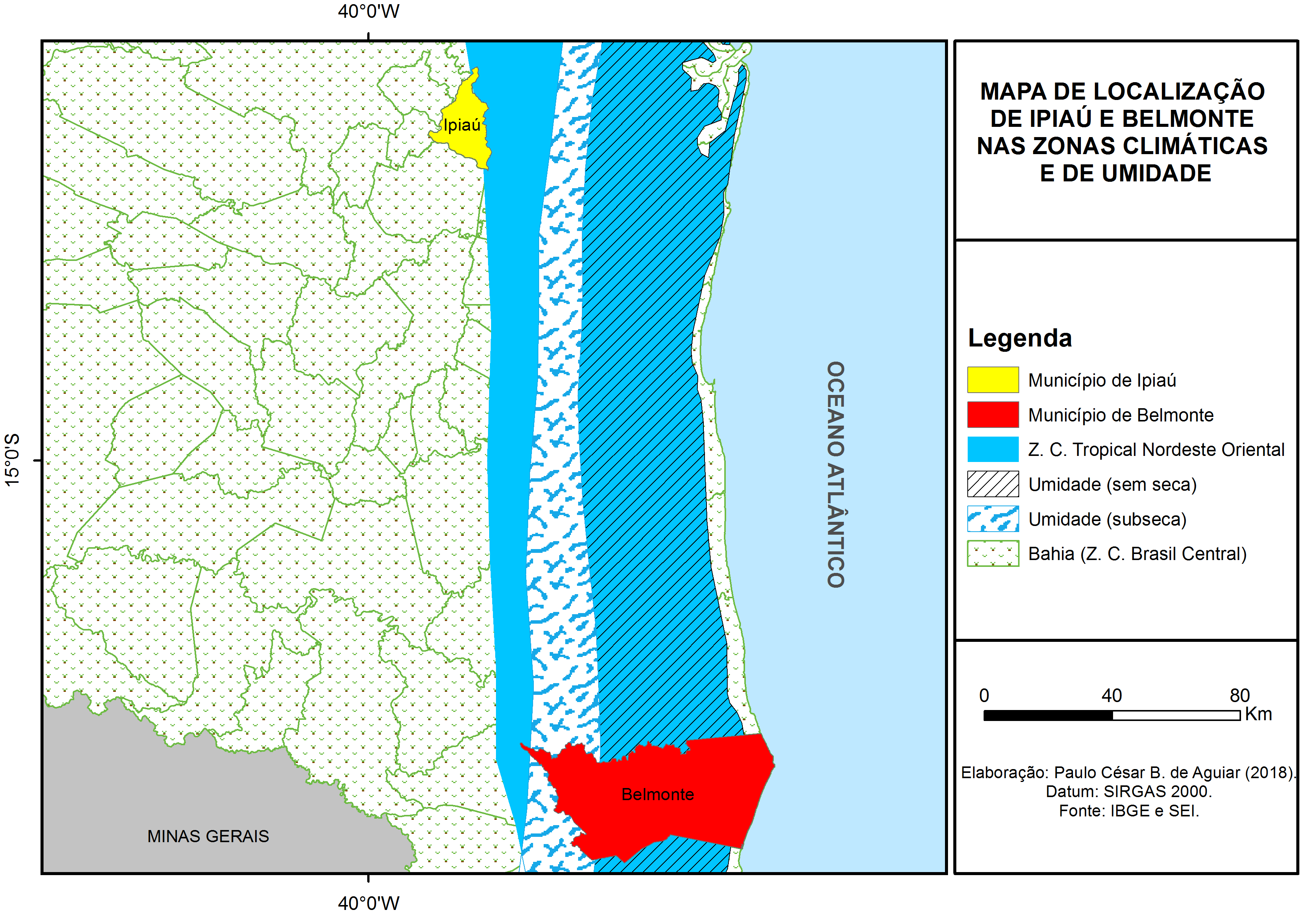 Localiza&ccedil;&atilde;o do munic&iacute;pio de Belmonte e de Ipia&uacute; no que se refere &agrave;s Zonas Clim&aacute;ticas do IBGE e &agrave;s faixas de regime de distribui&ccedil;&atilde;o de umidade no estado da Bahia