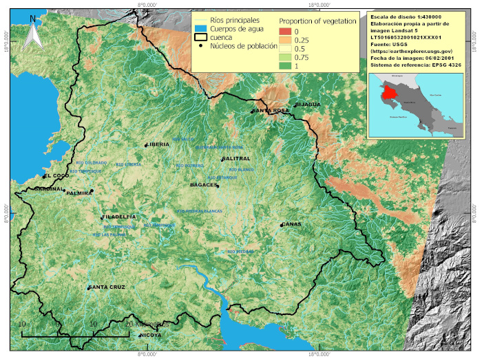 &Iacute;ndice de Proporci&oacute;n de Vegetaci&oacute;n o PV de la cuenca del R&iacute;o TempisqueBebedero Costa Rica