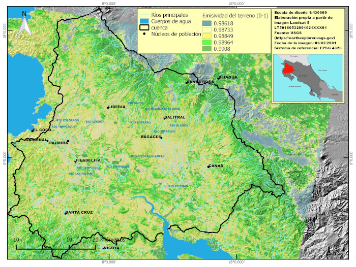 Mapa de emisividad de la cuenca del R&iacute;o TempisqueBebedero Costa Rica