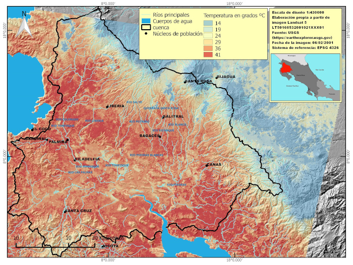 Temperatura superficial en grados Celsius de la cuenca del r&iacute;o Tempisque Bebedero Costa Rica