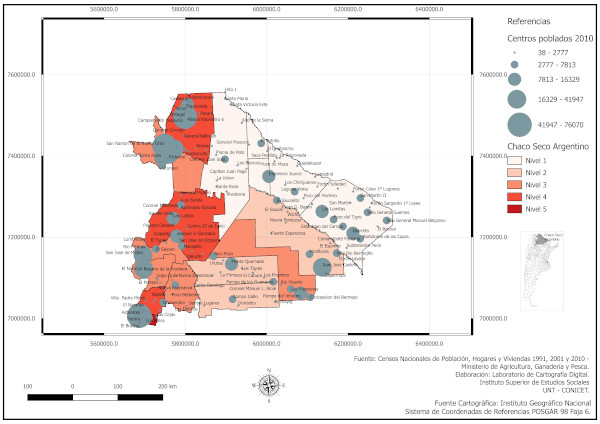 Chaco Seco Argentino. Niveles del &Iacute;ndice de Riesgo en Salud por Glifosizaci&oacute;n (IRSAG) y centros poblados 2010 seg&uacute;n tama&ntilde;o demogr&aacute;fico.