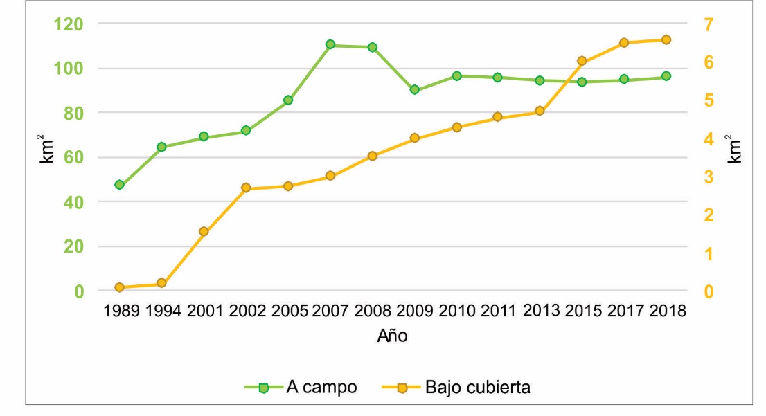 Variaci&oacute;n de la superficie hort&iacute;cola en el partido de General Pueyrredon