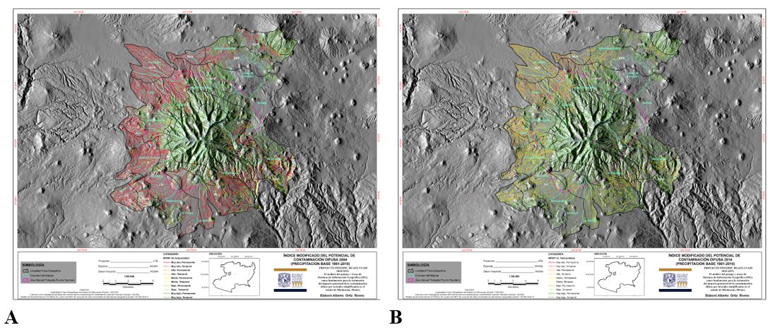 Mapa del MPNPI de la hidrografía superficial para el año 2004 A y 2014 B