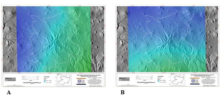 Mapas de API para los años 2004 (A) y 2014 (B)