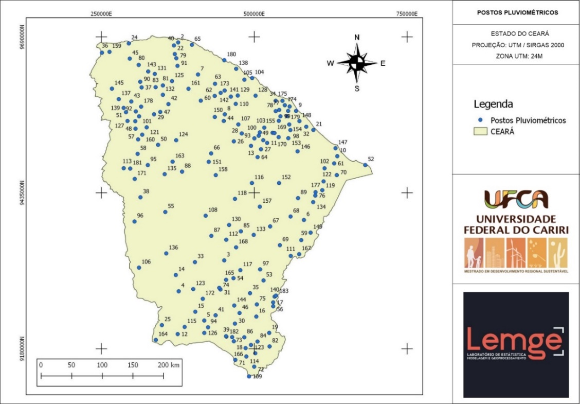 Mapa dos postos pluviométricos utilizados na pesquisa