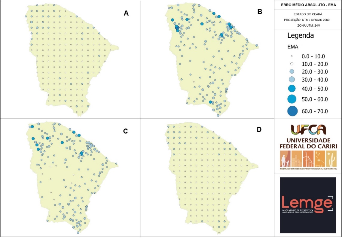 Mapa dos valores médios do EMA para as comparações A B C e D