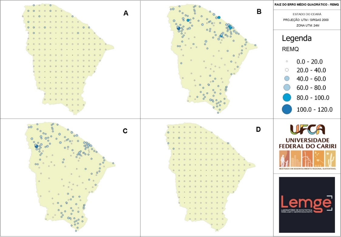 Mapa dos valores médios do REMQ para as comparações A B C e D
