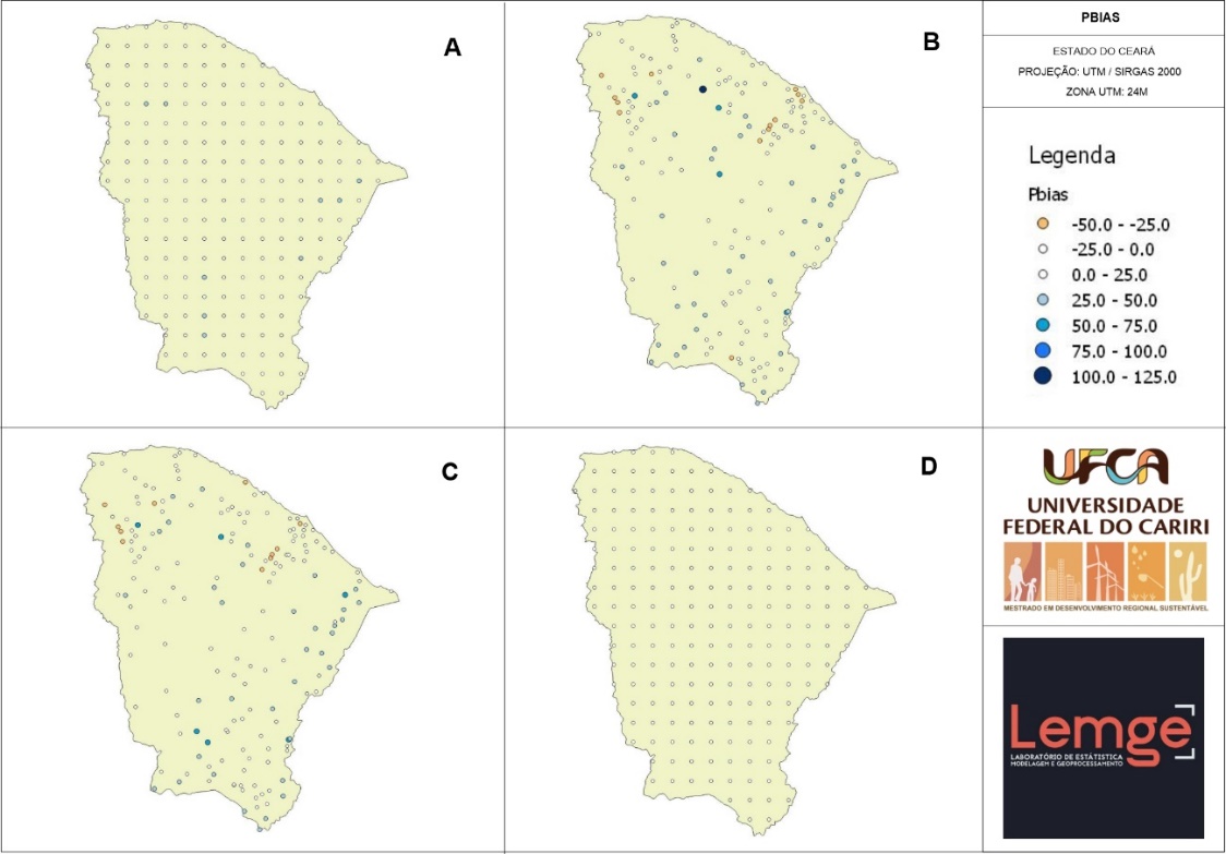Mapa dos valores do Pbias para as comparações A B C e D