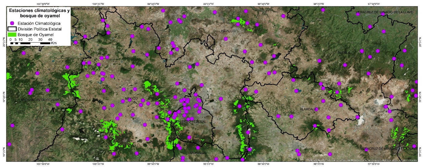 Ubicaci&oacute;n de estaciones climatol&oacute;gicas y bosque de oyamel