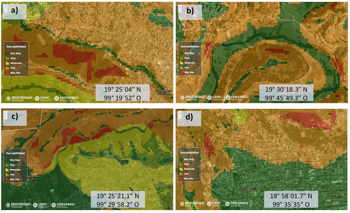 Muestreos de suelo alterado a Magdalena Chichicaspa en Naucalpan b San Lorenzo Toxico en Ixtlahuaca c Santa Mar&iacute;a Zolotepec en Xonacatl&aacute;n y d Tenancingo mapa de apoyo httpwwwatlasnacionalderiesgosgobmx 2019