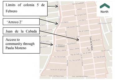 Colonia limits, main streets and roads in 5 de Febrero