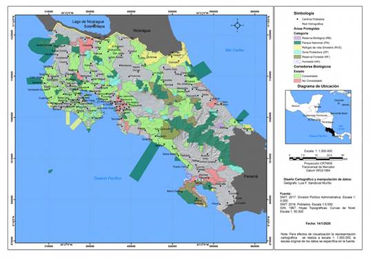 Mapa de los Corredores Biológicos, Costa Rica, 2018