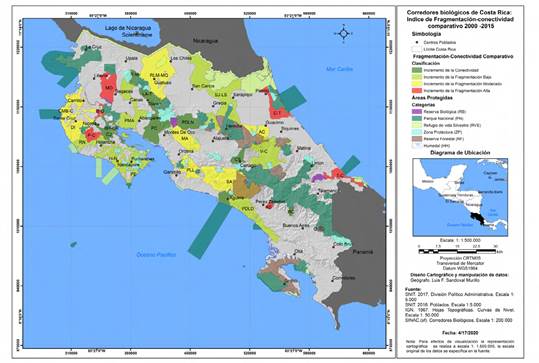 Mapa de los Corredores Biológicos de Costa Rica: Índice de Fragmentación-Conectividad, cuadro comparativo (2000-2015)