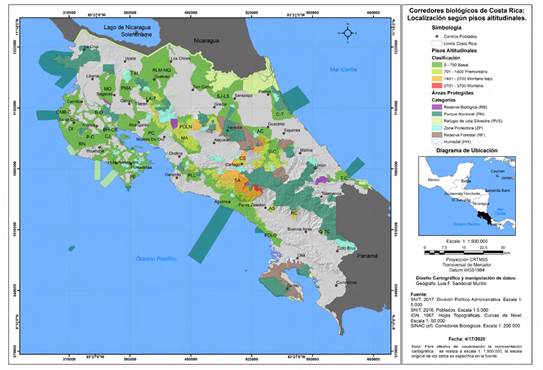 Mapa de los Corredores Biológicos de Costa Rica: Localización de acuerdo a pisos altitudinales