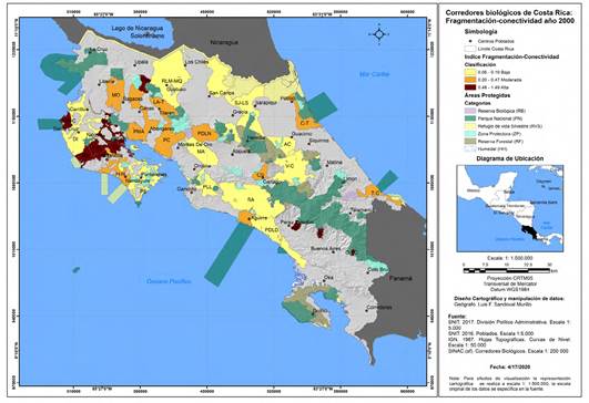 Mapa de los Corredores Biológicos de Costa Rica: Índice de Fragmentación-Conectividad (2000)